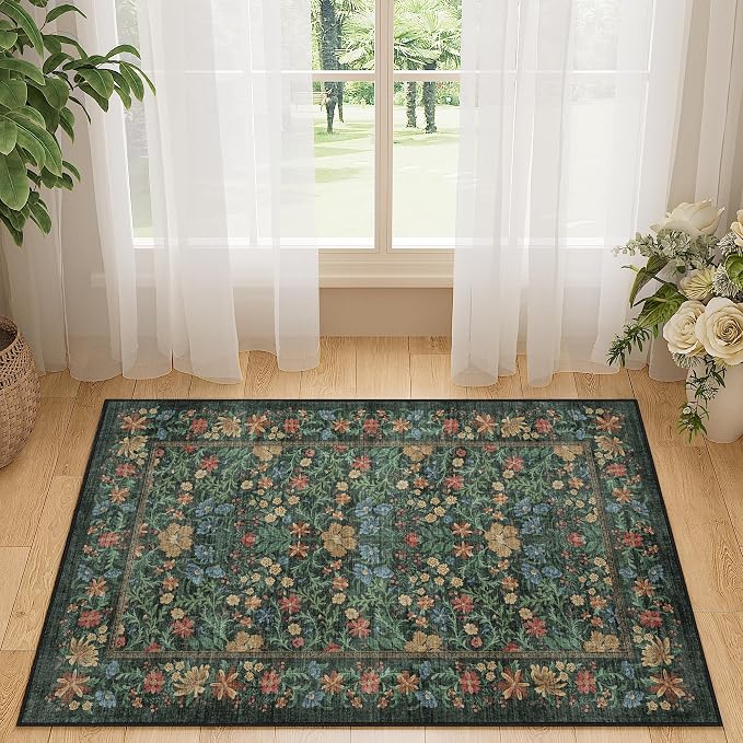 DUKINO 2x3 Entryway Rug, Washable Vintage Floral Area Rug, Green | Non Slip, Low Pile, Non-Shedding, Soft Indoor Door Mat, Small Front Door Throw Carpet for Bathroom Kitchen Entrance Bedroom