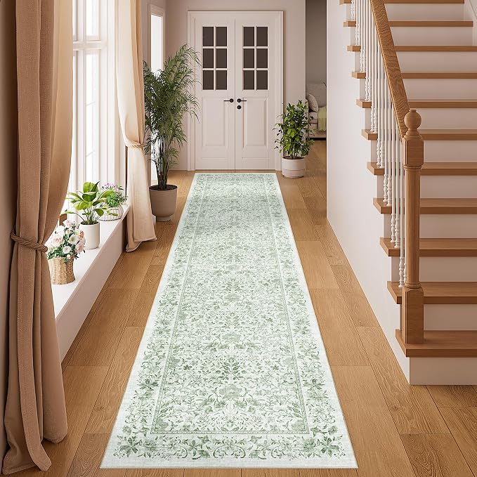DUKINO 2x8 Runner Rug, Washable Vintage Floral Kitchen Rug, Sage Green | Non Slip, Low Pile, Non-Shedding, Stain Resistant Aesthetic Soft Carpet Runner for Hallway Bathroom Laundry Bedroom Entryway