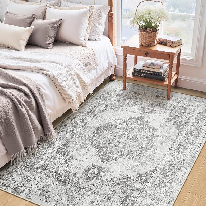 Area Rug 3x5 Vintage Rug: Washable Indoor Medallion Rug Low Pile Distressed Floor Carpet Retro Accent Doormat for Bedroom Bathroom Hallway Kitchen Home Office(Grey, 3'x5')