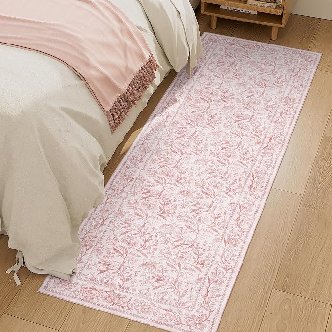 DUKINO 2x6 Runner Rug, Washable Vintage Floral Kitchen Rug, Light Pink | Non Slip, Low Pile, Non-Shedding, Stain Resistant Soft Carpet Runner for Hallway Bathroom Entryway Bedroom Laundry Farmhouse