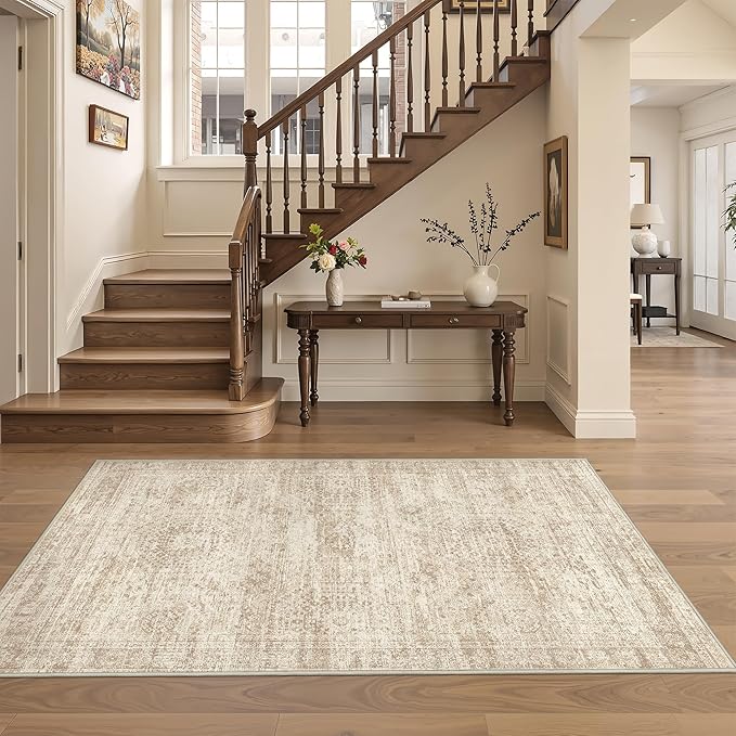 4x6 Area Rug for Entryway,Washable Kitchen Rug,Beige | Small Rug for Hallway,Bedroom,Living Room,Dining Room,Thin,Soft, Neutral Rug,Stain Resistant Indoor Carpet,Non Slip