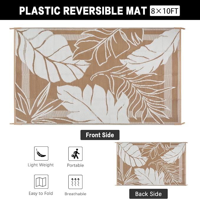 HUGEAR 8'x10' Outdoor Rug Waterproof Plastic Straw Rugs Large Brown Reversible Olive Leaf Mat Floor Carpet for Camping RV Deck Entryance Porch Picnic Balcony Beach Backyard