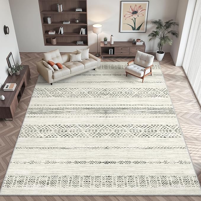 Miukiki 9x12 Area Rug for Living Room Moroccan Washable Rugs Non Slip Indoor Floor Carpet Foldable Large Soft Area Rug for Dining Room Bedroom with Low Pile(Grey,9'x12')