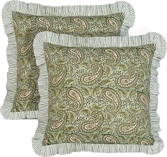 Ridhi Nostalgic Naturals Block Print Ruffle Throw Pillow Cover 20" x 20" (Pack of 2) Decorative Cushion Covers with Ruffle for Couch, Sofa, Bed, Living Room, Home Decor Gift for Spring, Mother's Day