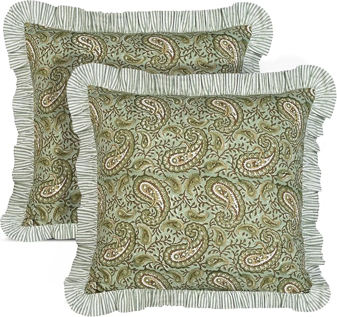 Ridhi Nostalgic Naturals Block Print Ruffle Throw Pillow Cover 18" x 18" (Pack of 2) Decorative Cushion Covers with Ruffle for Couch, Sofa, Bed, Living Room, Home Decor Gift for Spring, Mother's Day