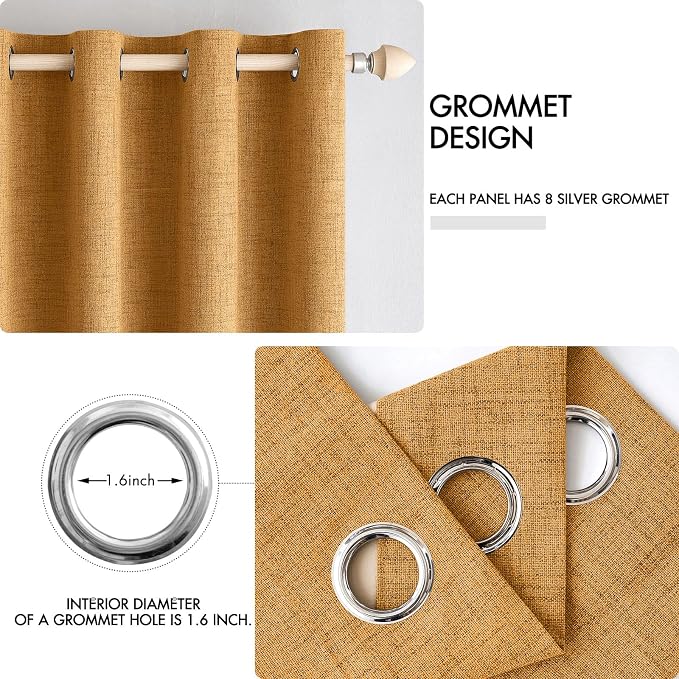 MIULEE 100% Blackout Linen Textured Curtains for Bedroom Solid Thermal Insulated Mustard Yellow Grommet Room Darkening Curtains & Drapes Luxury Decor for Living Room 52 x 72 Inch (2 Panels)