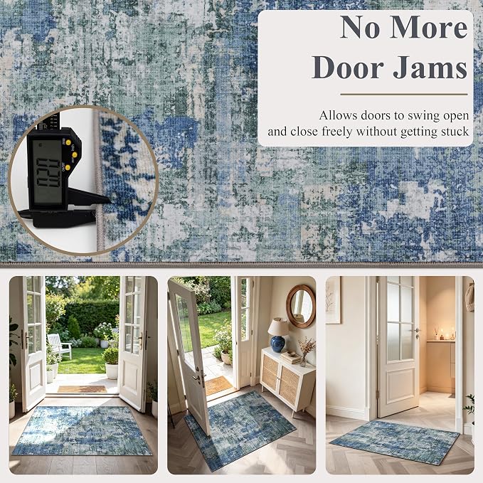 Sasttie 2x12 Soft Runner Rug for Entryway, Modern Abstract Washable Carpet for Hallway, Kitchen and Laundry Room, with Non-Slip Backing, Blue and Green