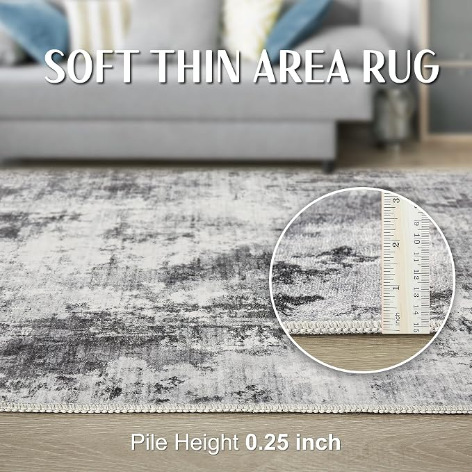 Abstract 9x12 Area Rug: Machine Washable Non Slip Ultra Thin Low-Pile Carpet, Soft Stain Resistant for Living Dining Room Bedroom, Kid Pet Friendly, Robot Vacuum Compatible - Grey