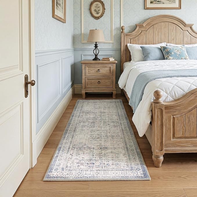 FMFUNCTEX 2x6 Hallway Runner Rug Blue Neutral Vintage Washable Distressed Non Slip Low Pile Oriental Indoor Carpet Soft Retro Entryway Rug for Kitchen Laundry Entrance Entry Living Room Bedroom