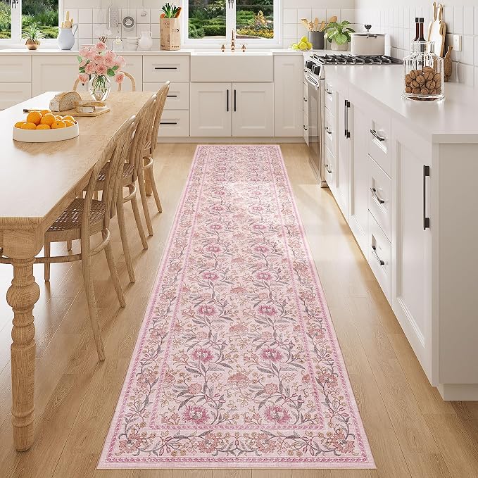 DUKINO 2x10 Runner Rug for Hallway, Washable Vintage Floral Rug, Pink | Non Slip, Low Pile, Non-Shedding, Stain Resistant Soft Long Runner Carpet for Kitchen Bathroom Entryway Bedroom Farmhouse