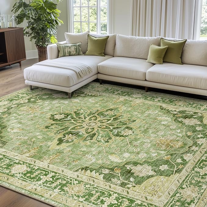 RELEANY Area Rugs Large 9'x12' Washable Non-Slip, Floral Vintage Distress Medallion Carpet for Living Room Bedroom Dining Room, Sage Green Yellow