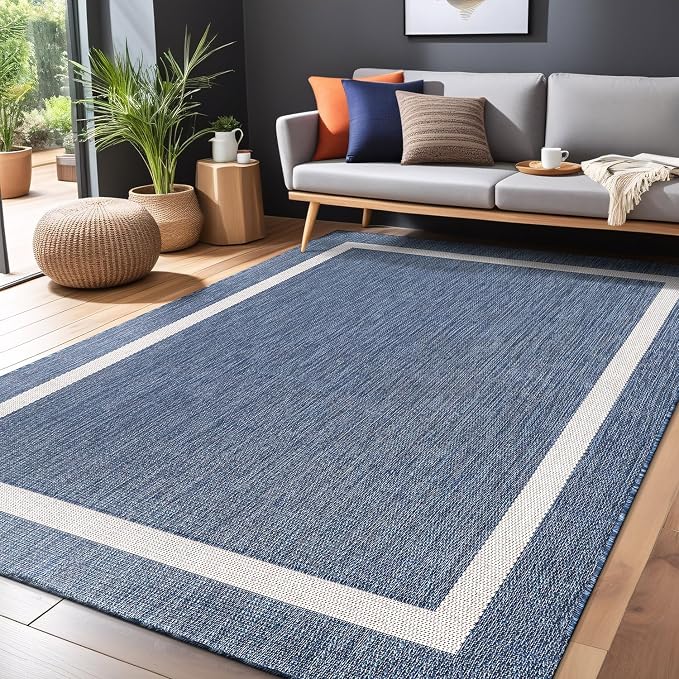 Luul Home Bordered Outdoor Rug 5x7 Washable Outside Carpet for Indoor Patio Porch Waterproof Easy Cleaning Non Shedding Area Rugs Blue 5 x 7