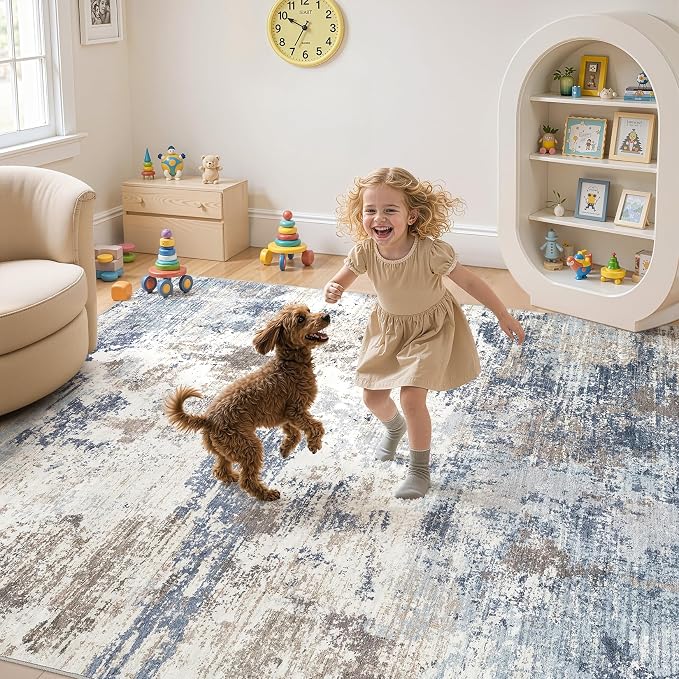 UERMEI 10x14 Area Rug Living Room Rugs - Washable Neutral Modern Abstract Soft Thin Large Rug Indoor Floor No Slip Rug Carpet for Bedroom Under Dining Table Home Office Decor - Denim Blue