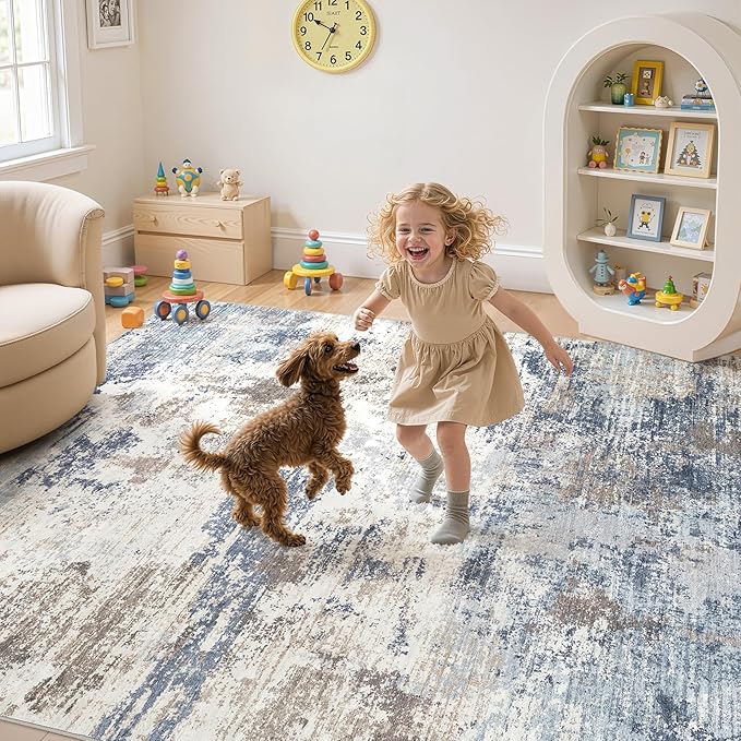 UERMEI 8x10 Area Rug Living Room Rugs - Washable Neutral Modern Abstract Soft Thin Large Rug Indoor Floor No Slip Rug Carpet for Bedroom Under Dining Table Home Office Decor - Denim Blue