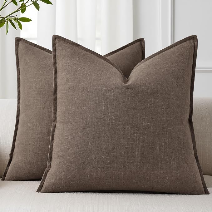 decorUhome Fall Brown Linen Throw Pillow Covers 22x22 Set of 2 | Decorative Soft Cozy Modern Farmhouse Boho Accent Pillow Cases with Flange Edges for Couch Bed Sofa Living Room Home Decor