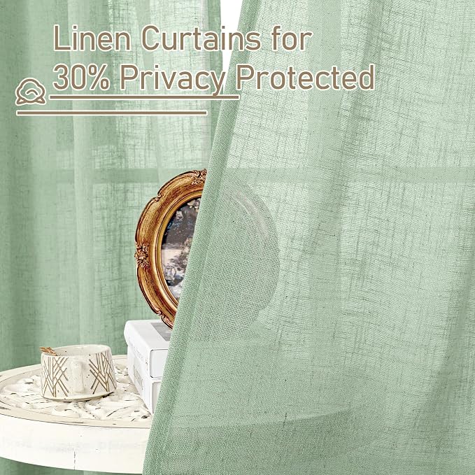 LAMIT Fresh Green Linen Boho Curtains 68 inch Length 2 Panels, Light Filtering Semi Sheer Panels Back Tab and Rod Pocket Neutral Drapes for Bedroom/Living Room, 52 x 68 Inch