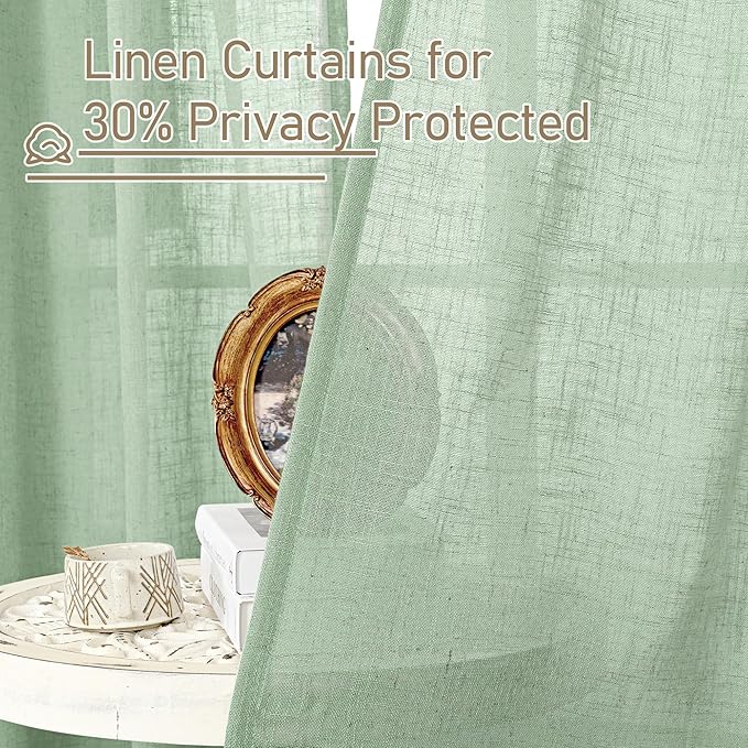 LAMIT Fresh Green Linen Curtains for Living Room, 84 inch Length Light Filtering Semi Sheer Drapes Back Tab and Rod Pocket Farmhouse Panels for Bedroom, 2 Panels, 34 x 84 Inch