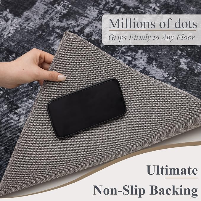 Sasttie 8ft Soft Round Area Rug, Modern Abstract Washable Large Circle Carpet for Living Room, Bedroom, Dining Room Table, with Non-Slip Backing, Black and Grey