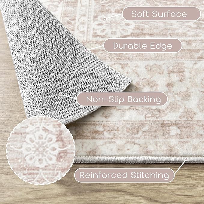 BILEEHOME Vintage Pink Rug 4x6 Washable Non Slip Floral Aesthetic Indoor Rugs for Entryway Kitchen Low Pile Carpet for Laundry Room Bathroom Front Door Mat for Entrance 4 x 6