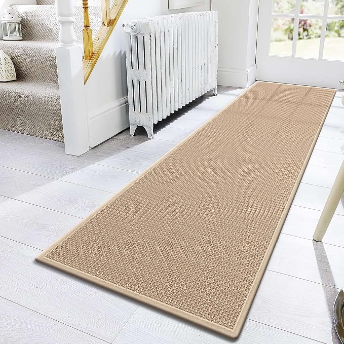 8ft Natural Jute Hallway Runner Rug Non Slip Washable, Rubber Backed Long Khaki Indoor Entryway Runner, Absorbent Kitchen Carpet Sink Rug
