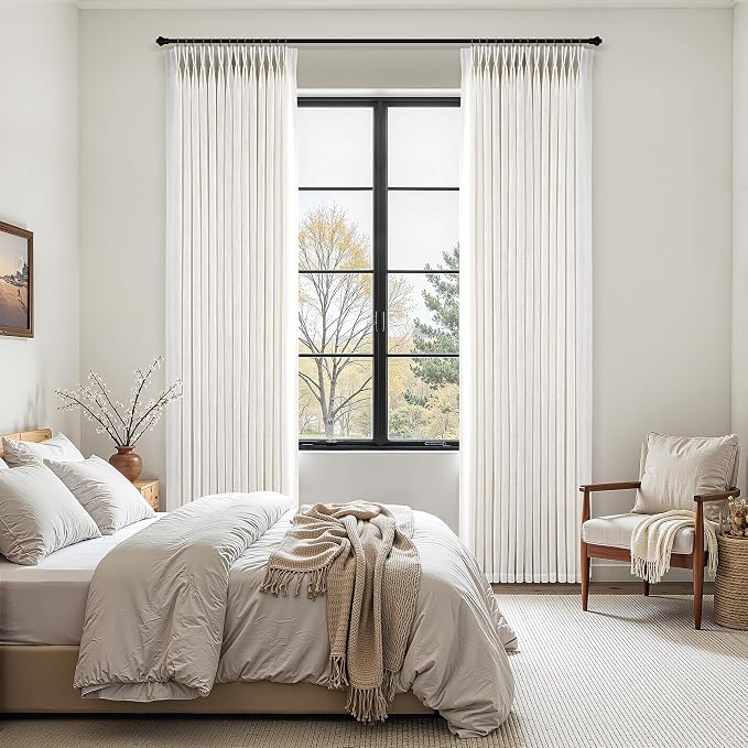 Natural Pinch Pleated Semi Sheer Curtains 63 Inch Length 2 Panels for Small Windows Privacy Light Filtering Linen Curtains Cream Beige Neutral Boho Memory Shape Trained Window Drapes with Hooks
