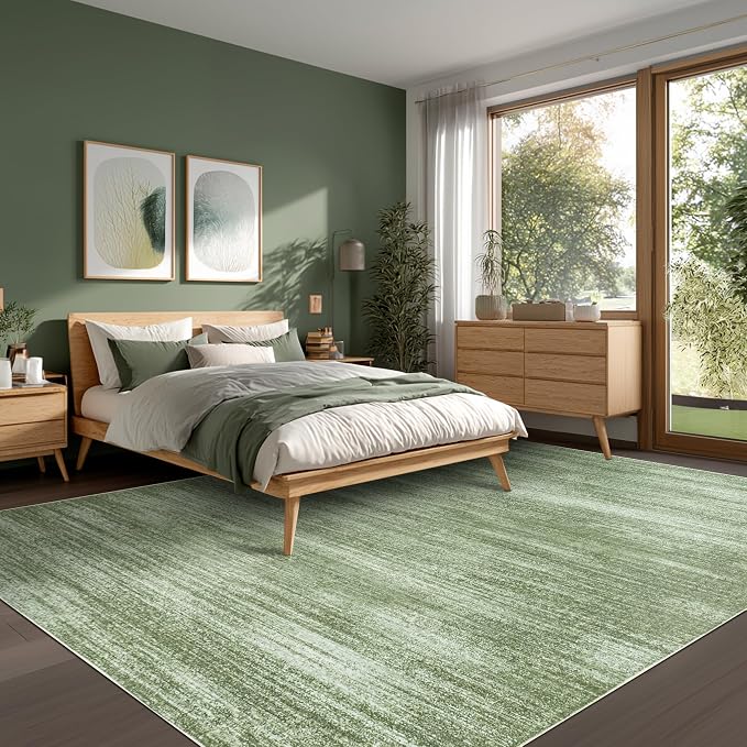 Olive Green 9x12 Rug Washable Modern Soft Extra Large Rugs for Living Room | Loden Green, Low Pile Floor Covering Carpet, Boho Abstract, for Office Dining Room Table, Non Slip Foldable Rubber Backing