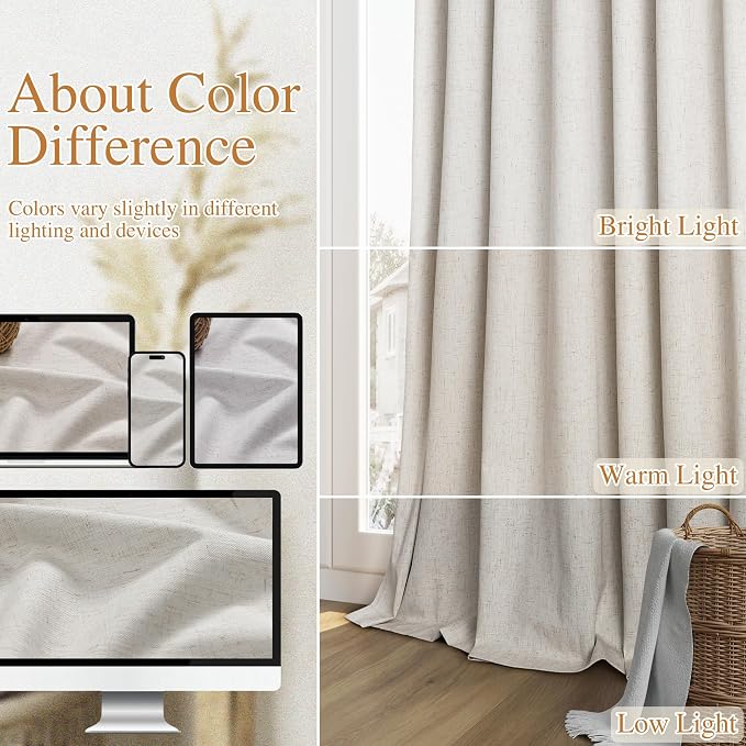 Guken Light Beige Linen 100% Blackout Curtains 96 Inches Long Floor to Ceiling Drapes for Bedroom, Rustic Farmhouse Room Darkening Winter Thermal Insulated Black Out Sliding Door Curtain, 52x96