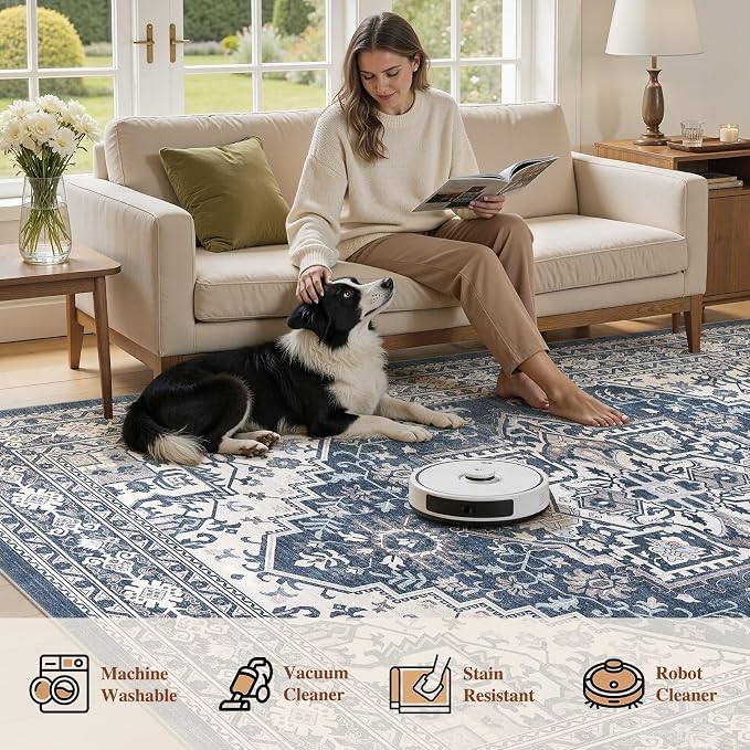 UERMEI 10x14 Area Rug for Living Room - Washable Vintage Carpet, Non-Slip Soft Large Indoor Floor Rugs for Bedroom Home Office & Under Dining Table Decor, Denim Blue/White