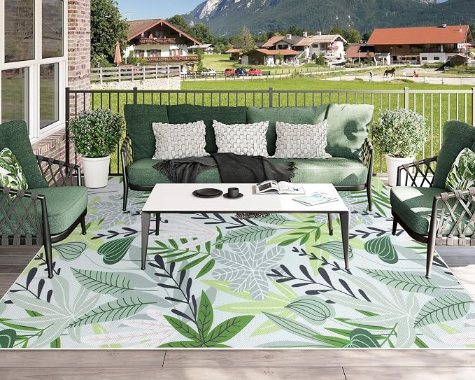 Lahome Leaf Indoor Outdoor Rug 8x10, Non Slip Outdoor Patio Rug for Camping Picnic, Portable Large Outdoor Rugs for Balcony Deck Backyard, RV Mat Outdoor Carpet for Living Room Bedroom,Green