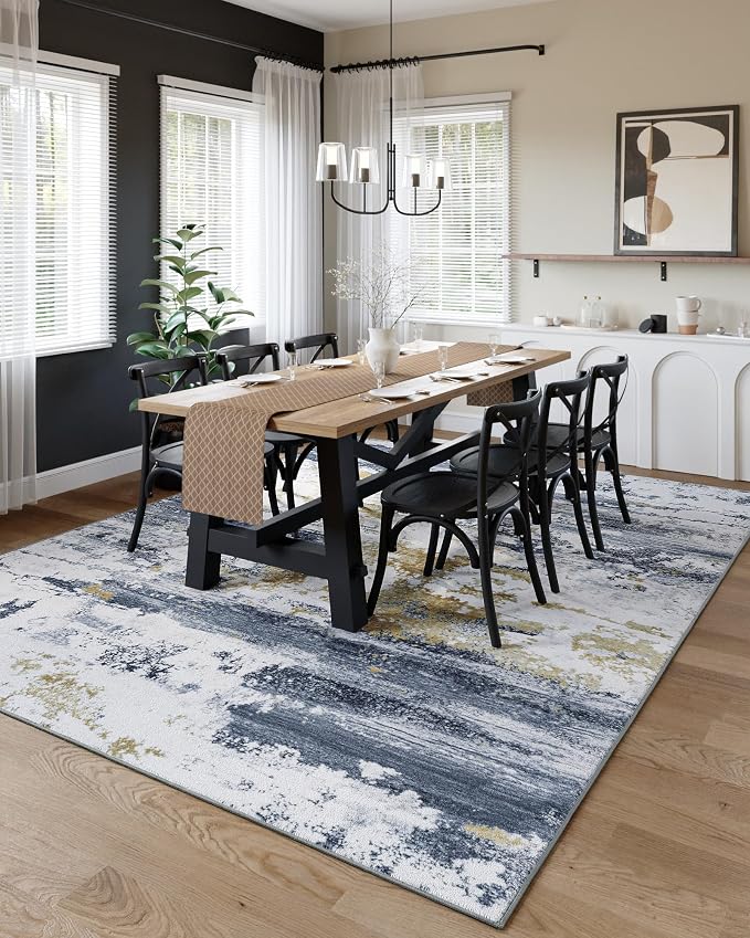 Kelarea Washable Area Rug for Living Room, 8x10 Non Slip Modern Abstract Blue Rugs, Easy Clearning Low Pile Large Carpet for Bedroom, Dining Room, Nursery, Office