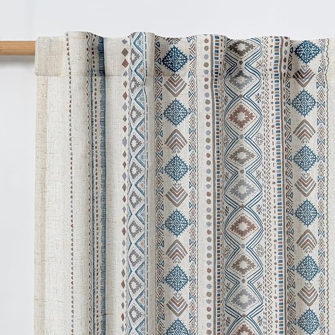 MYSKY HOME Curtains 84 inches Long for Living Room Boho Linen Sheer Drapes Geometric Farmhouse Decor Light Filtering Privacy Protect Soft Touch Treatment Back Tab for Home, 50" Wide, Khaki, 2 Panels