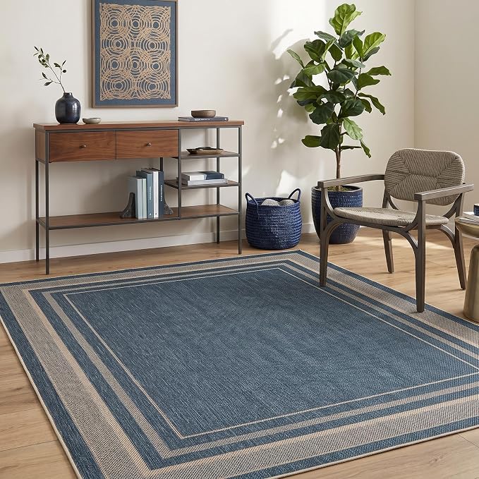GarveeHome 10x13 Living Room Area Rug Large Easy Jute Bedroom Rugs | Non Slip Modern Solid Color Dining Room Throw Carpet Stain Resistant Neutral Washable Rug for Nursery Home Office Decor, Blue