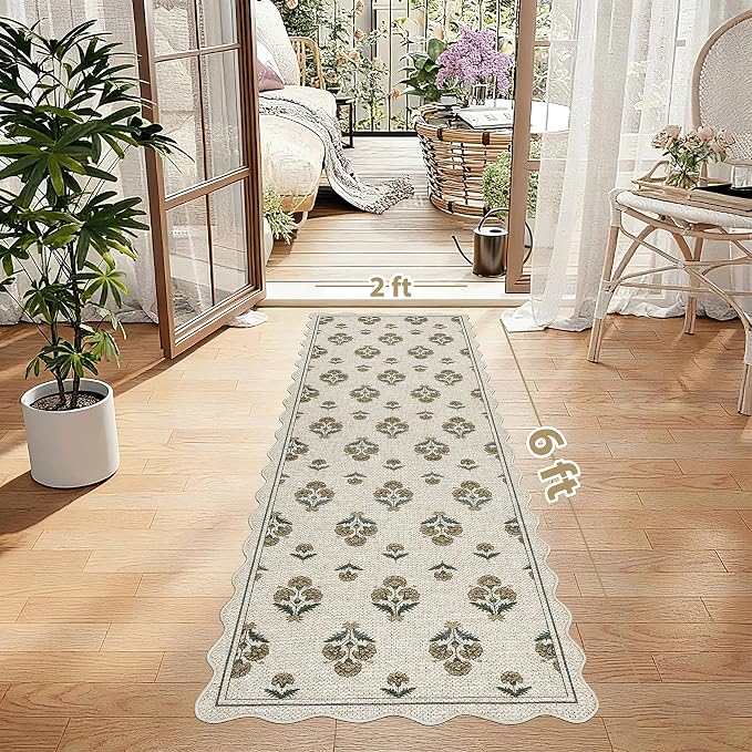 ORTIGIA Scalloped Easy Jute 2x6 Kitchen Runner Rug Vintage Yellow Block Floral Farmhouse Washable Rug Non-Slip Outdoor Carpet for Entryway Indoor Hallway Patio Laundry Room