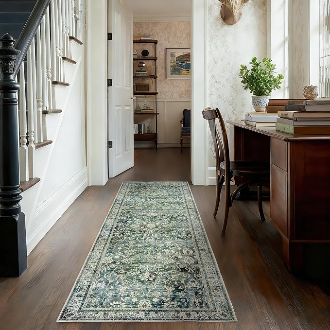 Green Washable Bathroom Hallway Runner Rug with Rubber Backing Non Slip Vintage Boho Floral Long Runners Rugs for Entryway Indoor Laundry Room Bath Floor Kitchen,2x6,24x72 Inch,Dark Emerald and Blue