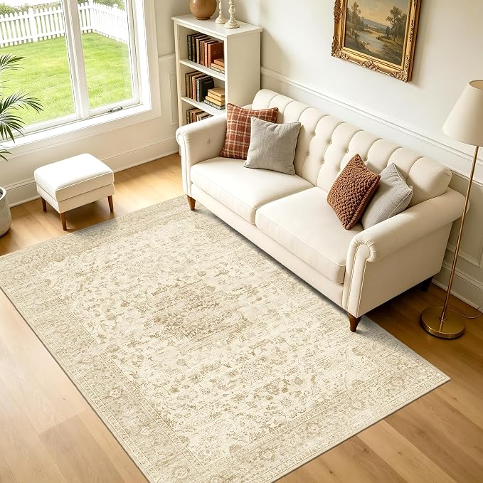 Neutral 4x6 Area Rug, Beige Vintage Boho Carpet for Bedroom,Thin | for Living Room and Nursery, Washable Low Pile Indoor Rug with Non-Slip Silicone Backing, Non-Shedding