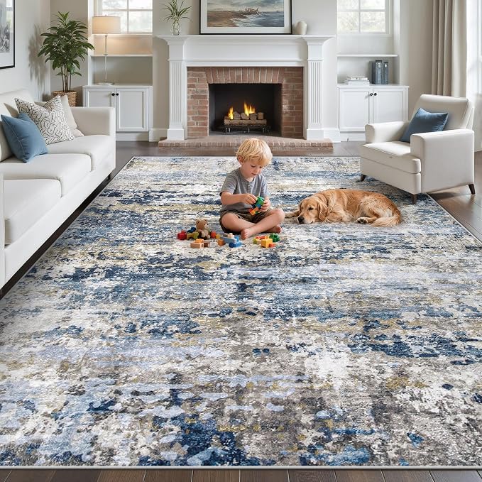 pmtsns Area Rugs 9x12 for Living Room: Washable Rug Modern Abstract Neutral Soft Non-Slip Low-Pile Indoor Large Carpet for Bedroom Dining Room Playroom Home Office (Blue Grey Brown, 9'x12')