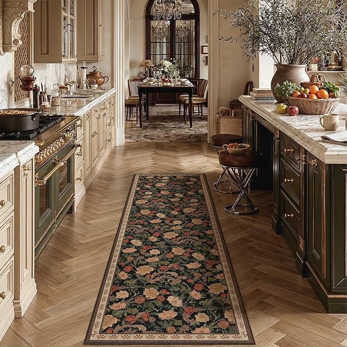 HUGEAR Retro 2x6 Runner Rugs Washable Hallway Rug Vintage Floral Throw Carpet Black Brown Stain Resistant Non Slip Low Pile for Home Aesthetic Modern Decor