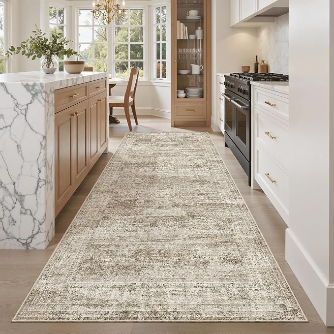 Soalmost Hallway Runner Rug 4x8 Wide: Washable Thin Runners for Hallways Entry, Non Slip Soft Vintage Kitchen Area Rugs for Living Room Bedroom Dining Room Foyer (Brown, 4x8)