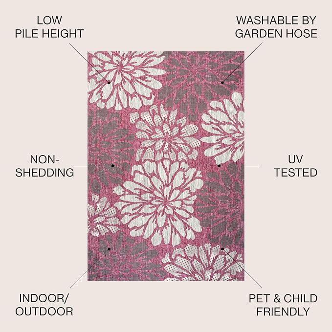 JONATHAN Y Floral Textured Weave Indoor Outdoor Area Rug 4X6 Fuchsia/Light Gray, Zinnia Modern for Backyard, Patio, Porch, Easy-Cleaning, High Traffic, Pet-Friendly, Non-Shedding (SMB110F-4)