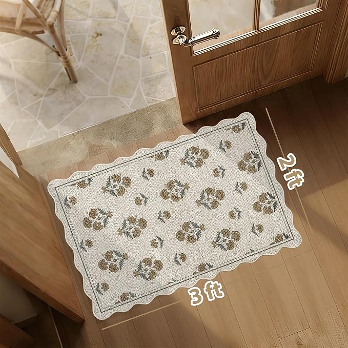 ORTIGIA Scalloped Easy Jute 2x3 Area Rug Vintage Yellow Block Floral Farmhouse Washable Rug Non-Slip Indoor Outdoor Carpet for Living Room Bedroom Kitchen Patio Entryway