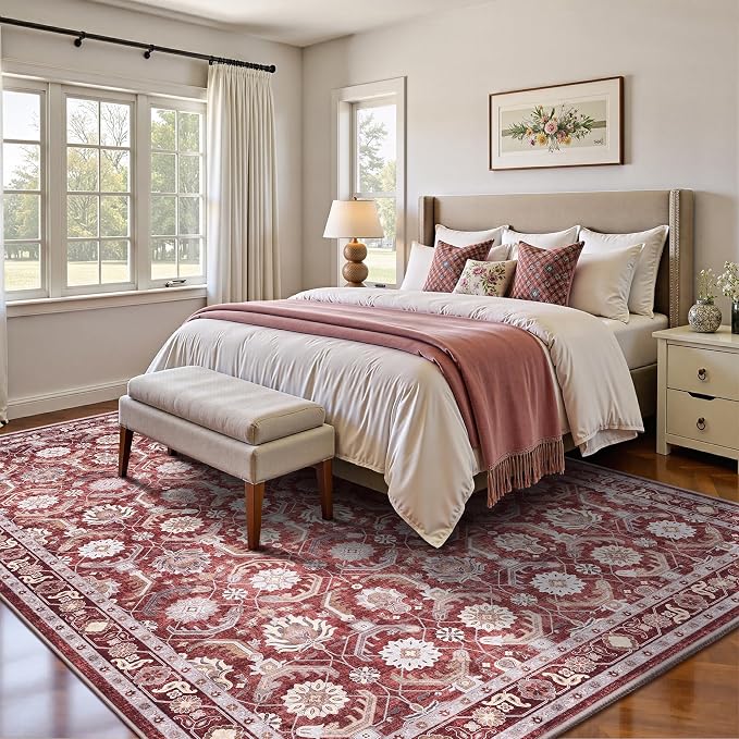 5x7 Area Rugs, Soft Non Slip Low Pile Washable Rug, Boho Modern Rug for Living Room, Bedroom, Dining Room, Red