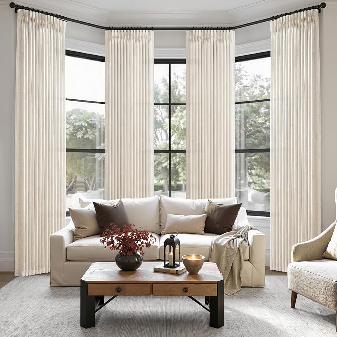 Pleated Linen Sheer Curtains 4 Panels Set for Bedroom 84 Inches Long, Memory Shape Pinch Pleat Boho Light Filtering Privacy Sliding Door Viral Curtain & Drapes Cream Dining Room Windows Burg 84 Inch