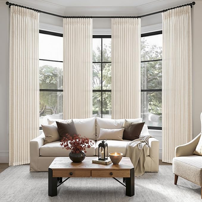 Pinch Pleated Linen Viral Curtains 4 Panels Set for Living Room 96 Inches Long, Birch Memory Trained Pleat Light Sheer Filtering Farmhouse Window Curtain with Hook Ring Ivory Cream Bedroom 8FT Length