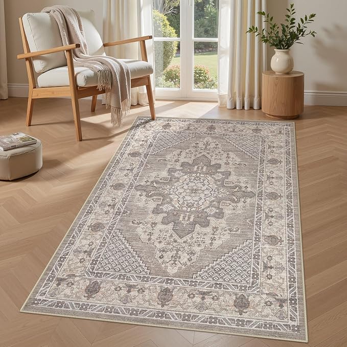 Tortania Area Rug Living Room Rugs - 3x5 Washable Rug Vintage Oriental Distressed Farmhouse Small Thin Indoor Carpet for Living Room Bedroom Under Dining Table Home Office - Taupe Brown