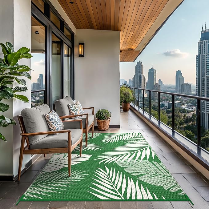 GENIMO Outdoor Rug, Waterproof Plastic Rugs for Patio, 6'x9' Dark Green | Outside Larger Leaf Carpet Mat for Porch Decor, Deck, Balcony, Camping, RV, Backyard, Picnic, Beach, Reversible, Foldable