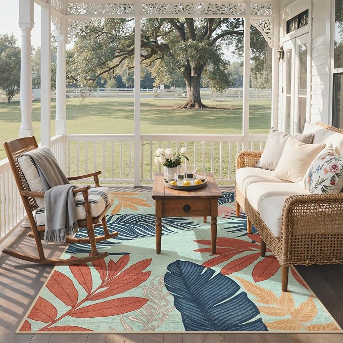 GENIMO 5x8 Outdoor Rug, Washable for Patio and Deck, Navy Sage | Botanical leaf design for porch; fade resistant chenille with quick-dry non-slip backing for indoor sunroom.
