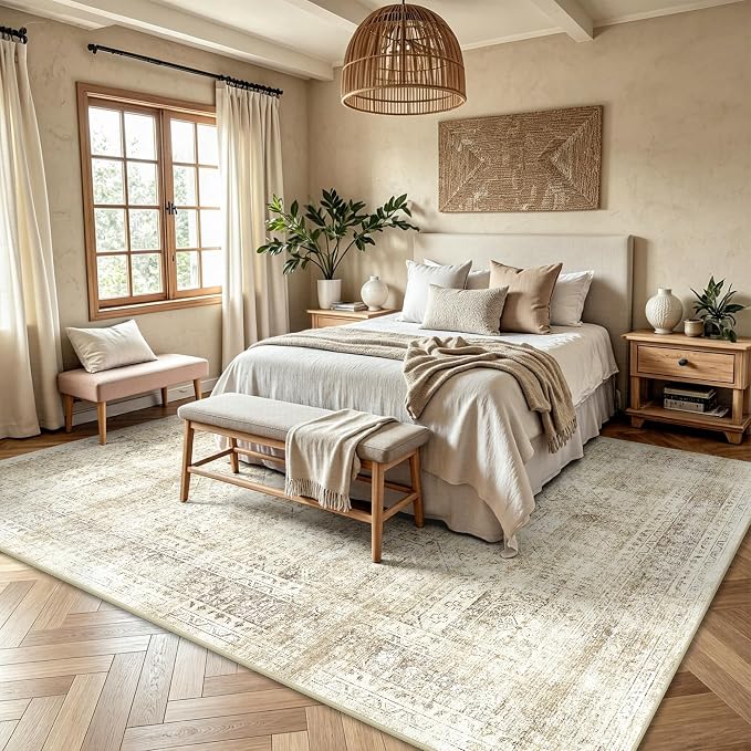 6x9 Area Rugs, Washable Vintage Retro Floral Rug for Living Room, Low Pile Non Slip Distressed Large Carpet for Bedroom, Dining Room, Office, Home (Beige)