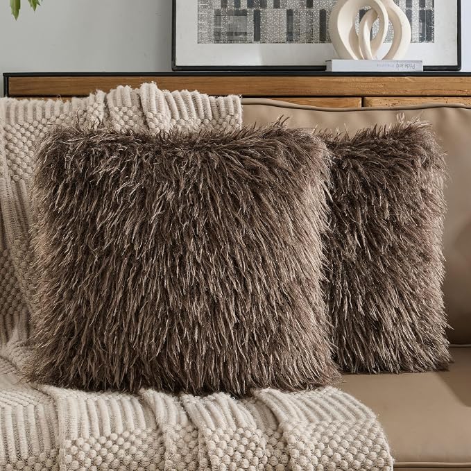 FUTEI Pack of 2 Shaggy Mongolian Faux Wool Throw Pillow Covers 18x18 Inch Soft Fluffy Farmhouse Decorative Cushion Case for Couch Bed Living Room, Dark Coffee