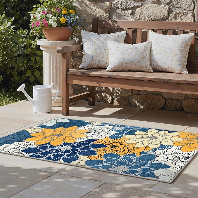 GENIMO 3x5 Outdoor Rug, Washable for Porch and Balcony, Blue | Floral design for entryway; fade resistant chenille with quick-dry non-slip backing for indoor mudroom