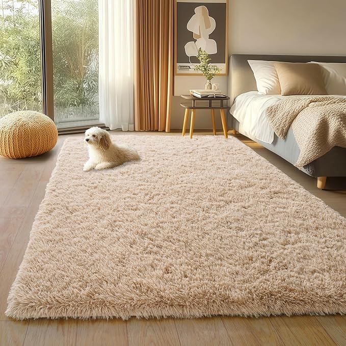 Beige Shag Rug for Bedroom, 4x5.9 Fluffy Area Rugs Living Room | Soft and Comfy, Neutral Fuzzy Bedside Carpet for Nursery and Kids Room, Girls, Boys Dorm Home Decor Aesthetic, Non Slip